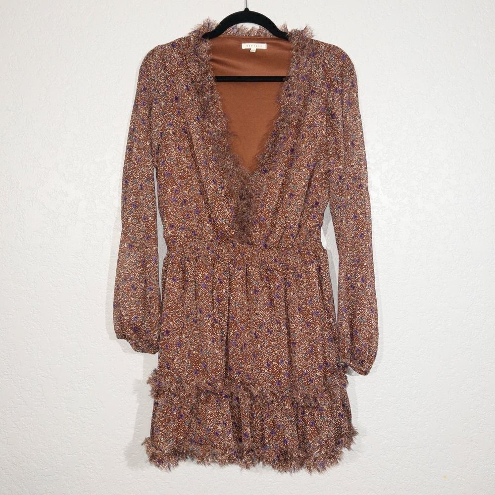 New BaeVely Brown Printed Ruffle Mini Dress Size Large - Picture 3 of 9